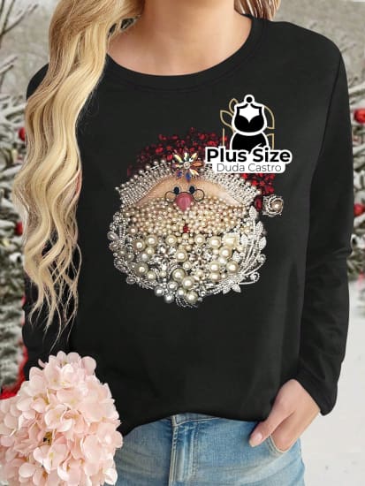 Camisa Manga Longa Estampa De Papai Noel E Pérola Plus Size