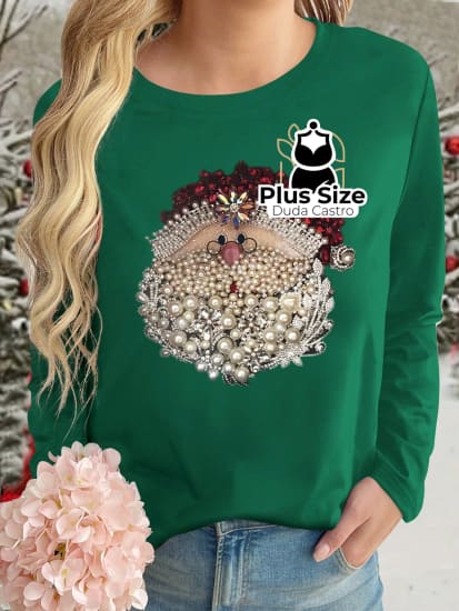 Camisa Manga Longa Estampa De Papai Noel E Pérola Plus Size