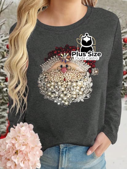 Camisa Manga Longa Estampa De Papai Noel E Pérola Plus Size