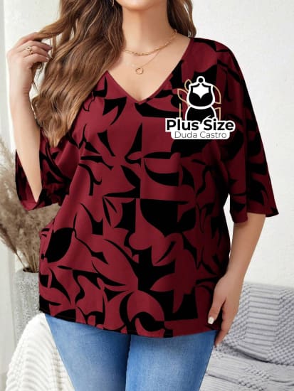 Camisa Meia Manga Com Decote V Estampa Abstrata Plus Size Blusa