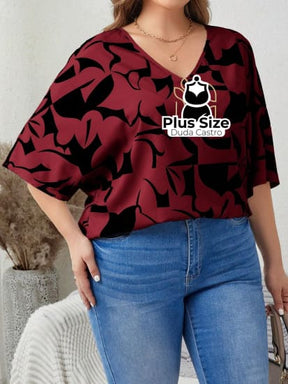 Camisa Meia Manga Com Decote V Estampa Abstrata Plus Size Blusa