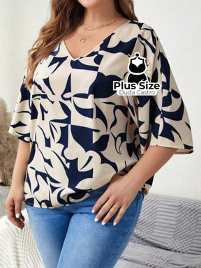 Plussize Camisa Meia Manga Com Decote Em V E Estampa Abstrata G5 Blusa Plus Size