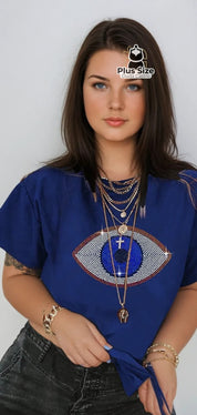 Camisa Olho Grego em Strass Preta ou Azul Plus Size G / Azul Camisa Olho Grego em Strass Preta ou Azul Plus Size