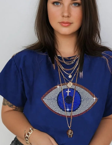  Azul Camisa Olho Grego em Strass Preta ou Azul Plus Size