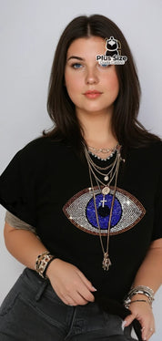Camisa Olho Grego em Strass Preta ou Azul Plus Size G / Preto Camisa Olho Grego em Strass Preta ou Azul Plus Size