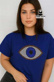 Camisa Olho Grego em Strass Preta ou Azul Plus Size G / Azul Camisa Olho Grego em Strass Preta ou Azul Plus Size