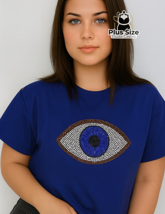  Azul Camisa Olho Grego em Strass Preta ou Azul Plus Size