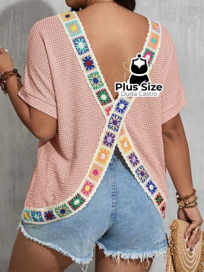 Camisa Plus Size Com Detalhe Em Crochê Cruzado Nas Costas Várias Cores G / Rosa Ballet