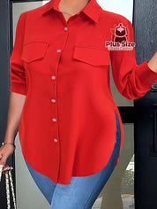 Camisa Plus Size Lisa Com Detalhe De Aba Frontal E Botões Blusa
