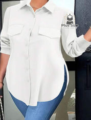Camisa Plus Size Lisa Com Detalhe De Aba Frontal E Botões Blusa