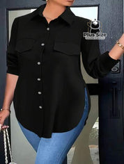 Camisa Plus Size Lisa Com Detalhe De Aba Frontal E Botões Blusa