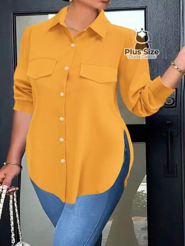 Camisa Plus Size Lisa Com Detalhe De Aba Frontal E Botões Blusa