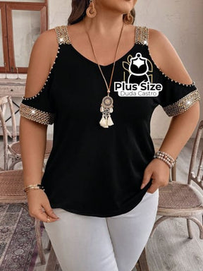 Camisa Plus Size Ombros Abertos Várias Cores G / Preto Blusa