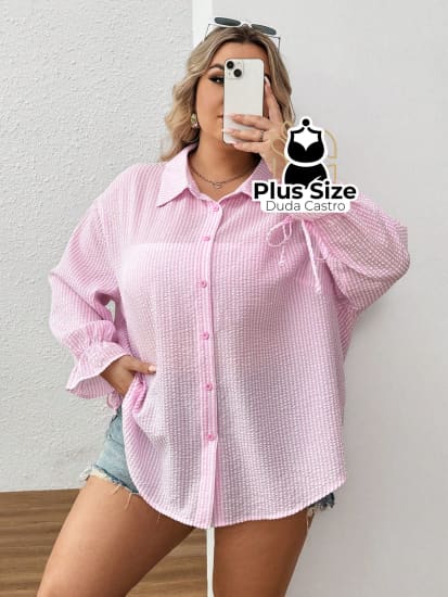 Camisa Rosa Em Plus Size Extra Com Listras E Mangas Flare Blusa