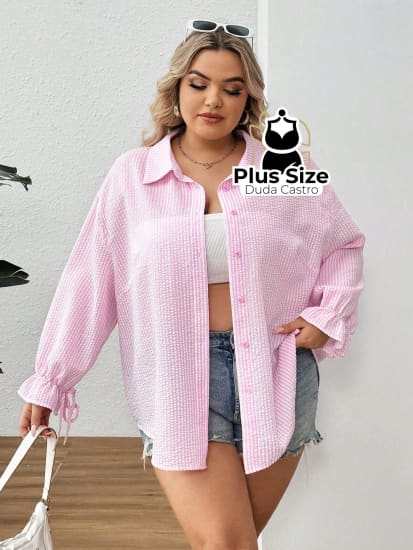 Camisa Rosa Em Plus Size Extra Com Listras E Mangas Flare Blusa