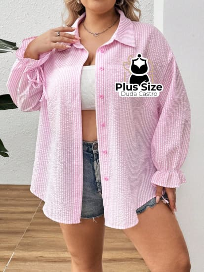 Camisa Rosa Em Plus Size Extra Com Listras E Mangas Flare Blusa