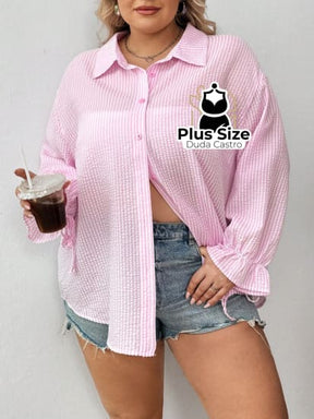 Camisa Rosa Em Plus Size Extra Com Listras E Mangas Flare Blusa