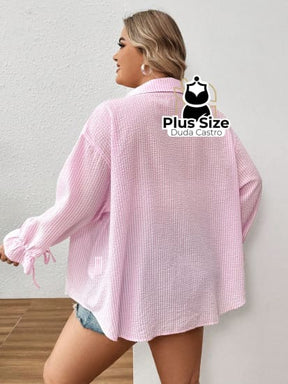 Camisa Rosa Em Plus Size Extra Com Listras E Mangas Flare Blusa