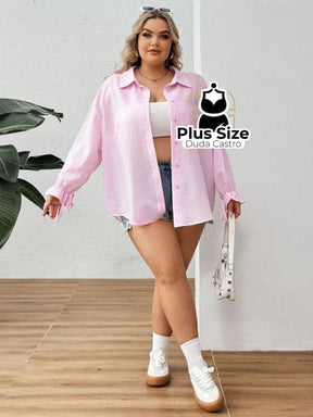 Camisa Rosa Em Plus Size Extra Com Listras E Mangas Flare Blusa