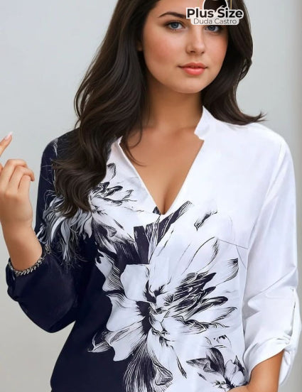  Branca Camisa Social Estampa Floral Plus Size