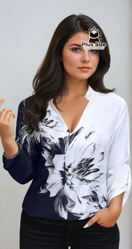 Camisa Social Estampa Floral Plus Size G / Branca Camisa Social Estampa Floral Plus Size