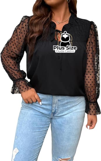 1Plussize G A G5 Blusa Manga Em Tule Gola De Gravata Plus Size