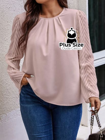 Camisa Social Manga Longa Plissada Com Detalhe Em Renda Várias Cores Plus Size Blusa