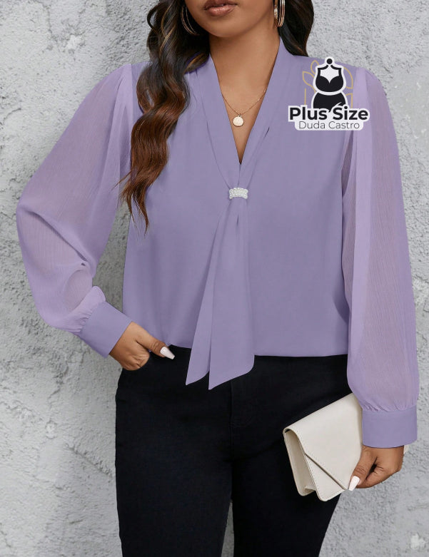 Camisa social Manga Transparente e Gola com Detalhe em Pérola Várias Cores Camisa social Manga Transparente e Gola com