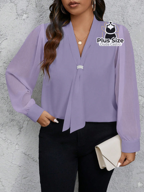 Camisa social Manga Transparente e Gola com Detalhe em Pérola Várias Cores Camisa social Manga Transparente e Gola com