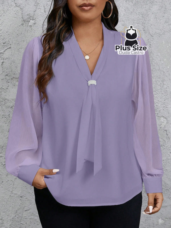 Camisa social Manga Transparente e Gola com Detalhe em Pérola Várias Cores Camisa social Manga Transparente e Gola com