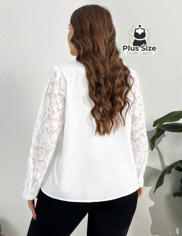 Camisa social Manga Transparente e Gola com Detalhe em Pérola Várias Cores Camisa social Manga Transparente e Gola com