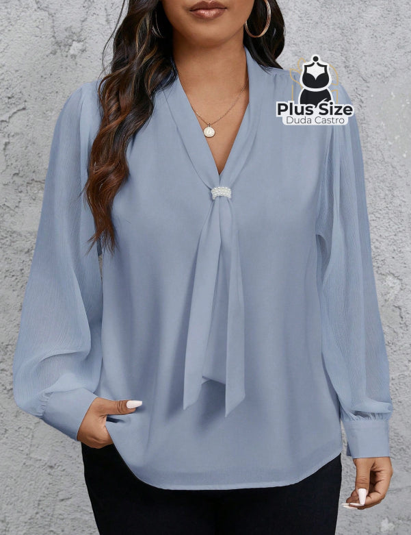  Azul Camisa social Manga Transparente e
