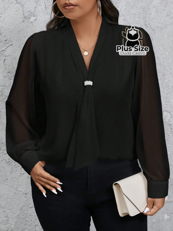 Camisa social Manga Transparente e Gola com Detalhe em Pérola Várias Cores G / Preto Camisa social Manga Transparente e