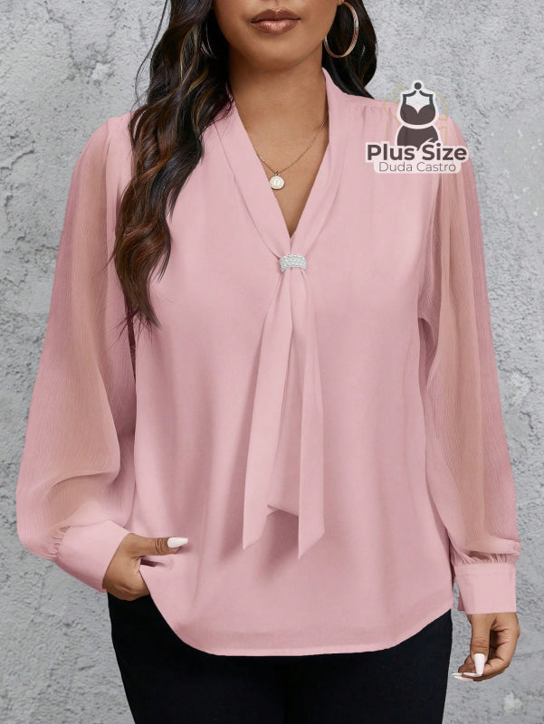 Camisa social Manga Transparente e Gola com Detalhe em Pérola Várias Cores G / Rosa Camisa social Manga Transparente e