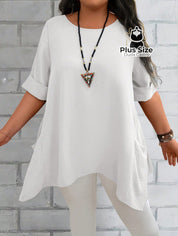 Camisas Folgadas de Manga Curta e Bolsos Duplos Extra Longa Plus Size Várias Cores Camisas Folgadas de Manga Curta e
