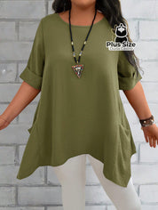 Camisas Folgadas de Manga Curta e Bolsos Duplos Extra Longa Plus Size Várias Cores Camisas Folgadas de Manga Curta e