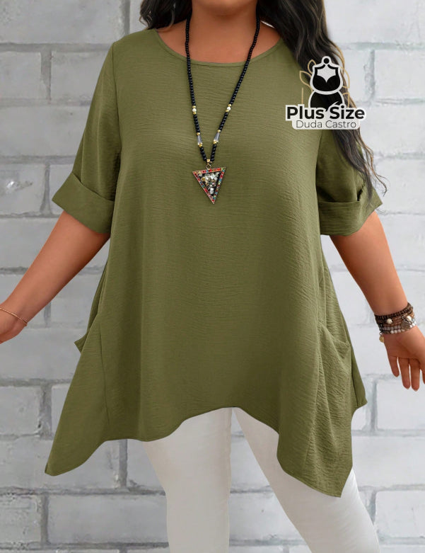 Camisas Folgadas de Manga Curta e Bolsos Duplos Extra Longa Plus Size Várias Cores Camisas Folgadas de Manga Curta e