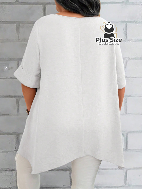 Camisas Folgadas de Manga Curta e Bolsos Duplos Extra Longa Plus Size Várias Cores Camisas Folgadas de Manga Curta e