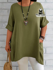 Camisas Folgadas de Manga Curta e Bolsos Duplos Extra Longa Plus Size Várias Cores Camisas Folgadas de Manga Curta e