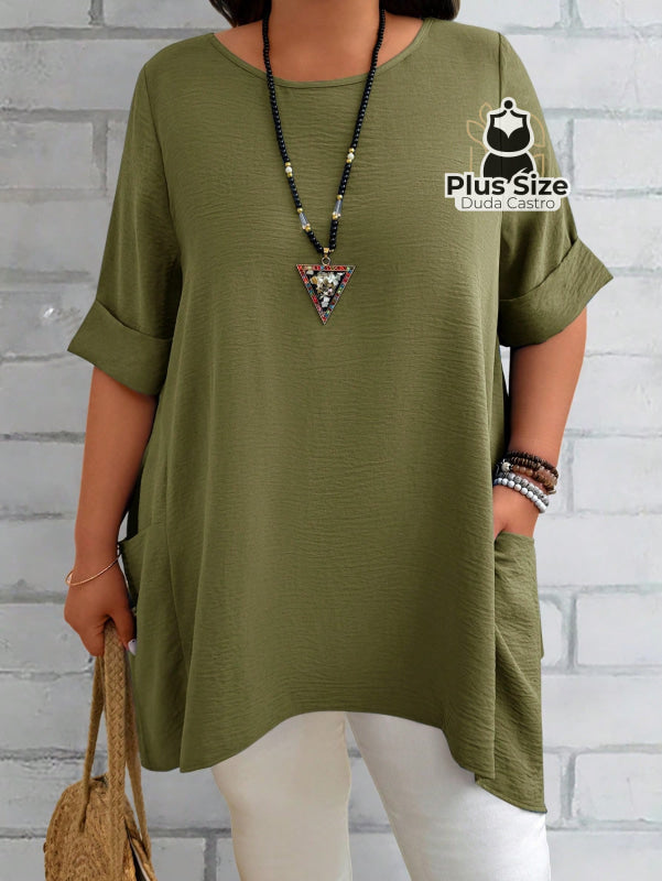 Camisas Folgadas de Manga Curta e Bolsos Duplos Extra Longa Plus Size Várias Cores Camisas Folgadas de Manga Curta e