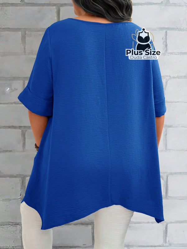 Camisas Folgadas de Manga Curta e Bolsos Duplos Extra Longa Plus Size Várias Cores Camisas Folgadas de Manga Curta e