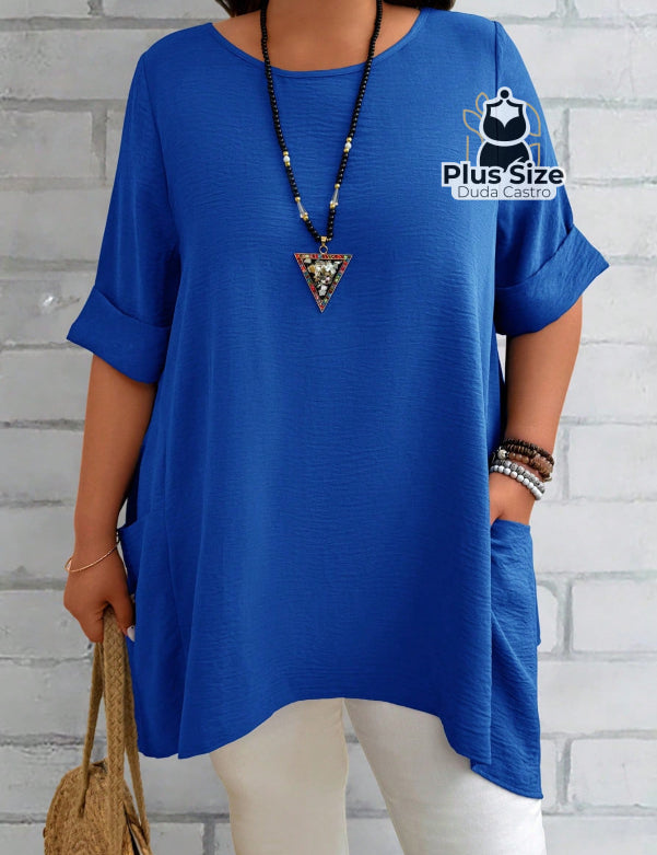 Camisas Folgadas de Manga Curta e Bolsos Duplos Extra Longa Plus Size Várias Cores Camisas Folgadas de Manga Curta e