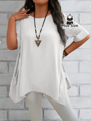 Camisas Folgadas de Manga Curta e Bolsos Duplos Extra Longa Plus Size Várias Cores Camisas Folgadas de Manga Curta e