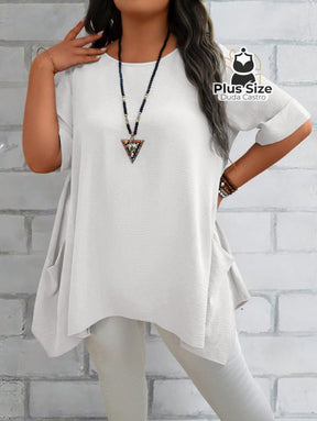 Camisas Folgadas de Manga Curta e Bolsos Duplos Extra Longa Plus Size Várias Cores Camisas Folgadas de Manga Curta e