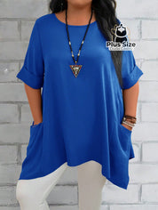 Camisas Folgadas de Manga Curta e Bolsos Duplos Extra Longa Plus Size Várias Cores Camisas Folgadas de Manga Curta e