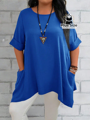 Camisas Folgadas de Manga Curta e Bolsos Duplos Extra Longa Plus Size Várias Cores Camisas Folgadas de Manga Curta e