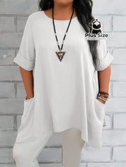 Camisas Folgadas de Manga Curta e Bolsos Duplos Extra Longa Plus Size Várias Cores Camisas Folgadas de Manga Curta e
