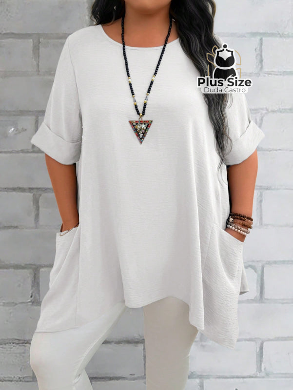 Camisas Folgadas de Manga Curta e Bolsos Duplos Extra Longa Plus Size Várias Cores Camisas Folgadas de Manga Curta e