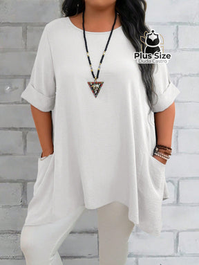 Camisas Folgadas de Manga Curta e Bolsos Duplos Extra Longa Plus Size Várias Cores Camisas Folgadas de Manga Curta e