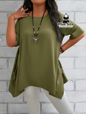 Camisas Folgadas de Manga Curta e Bolsos Duplos Extra Longa Plus Size Várias Cores Camisas Folgadas de Manga Curta e
